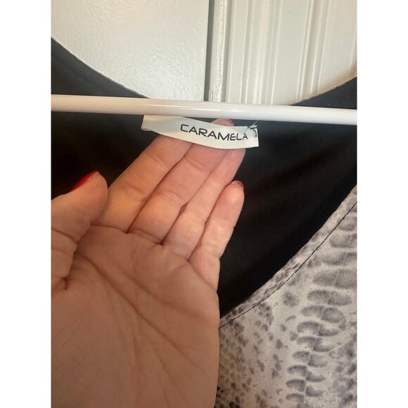 Caramela Women's Medium Gray Black Snake Print V-Neck Flutter Short Sleeve Dress - Picture 4 of 5